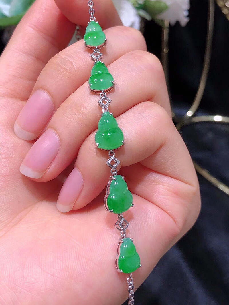 绿翠天成 女士翡翠阳绿葫芦手链 18k金镶嵌缅甸天然a货翡翠玉石手串