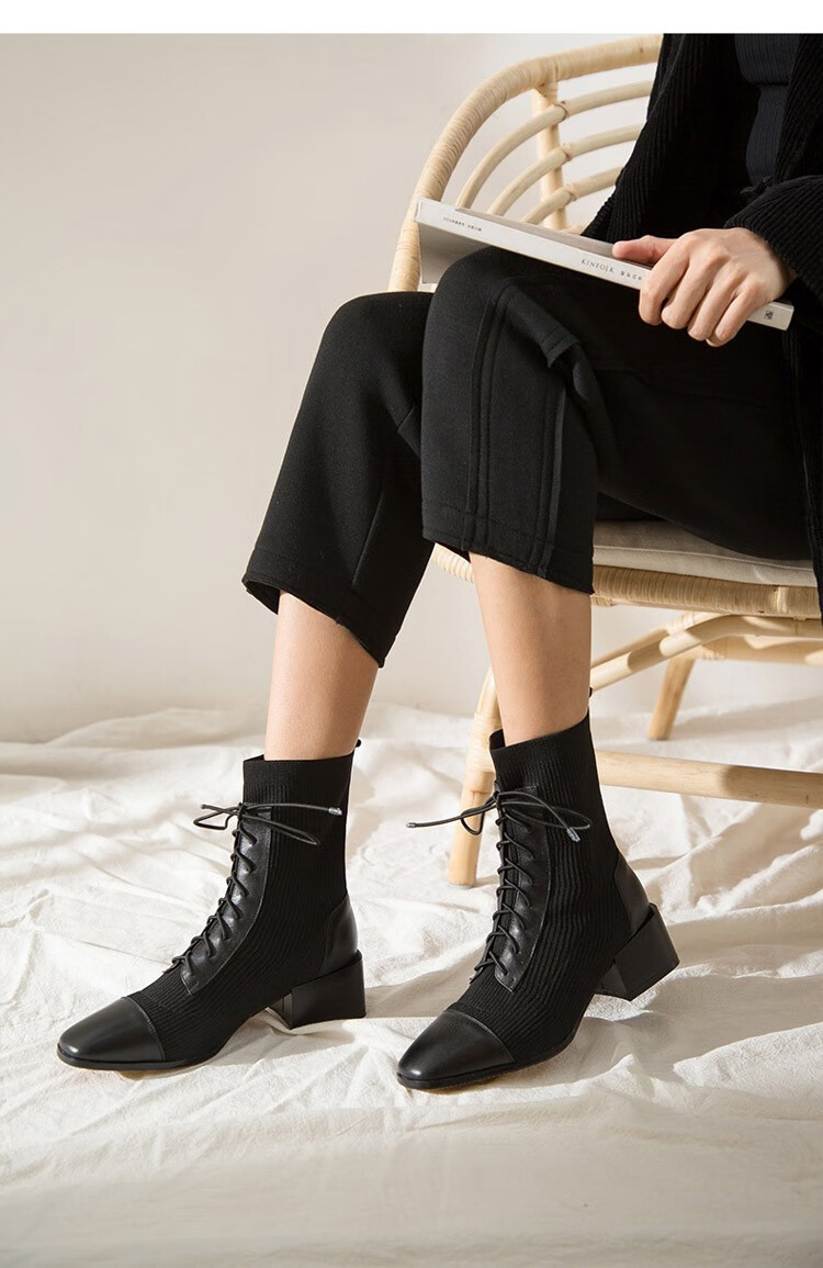 senropala品牌短靴袜子靴女2020新款单靴力瘦瘦靴针织方头拼接杏色