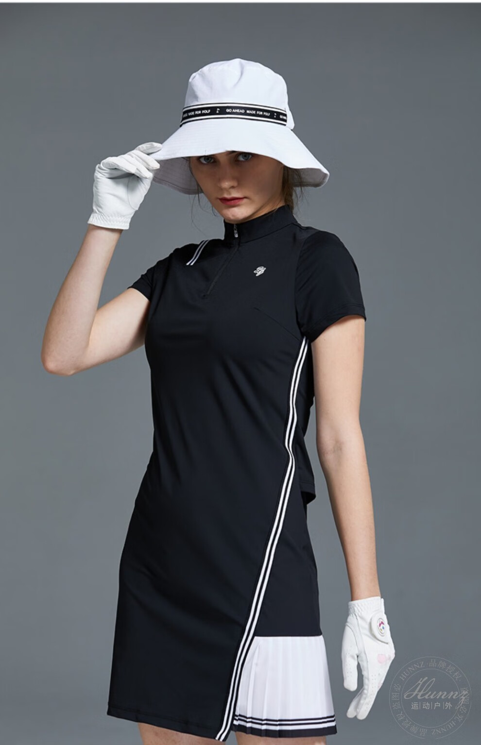 hunnz品牌高尔夫服装女韩版修身显瘦运动裙子2022夏季新款立领高尔夫