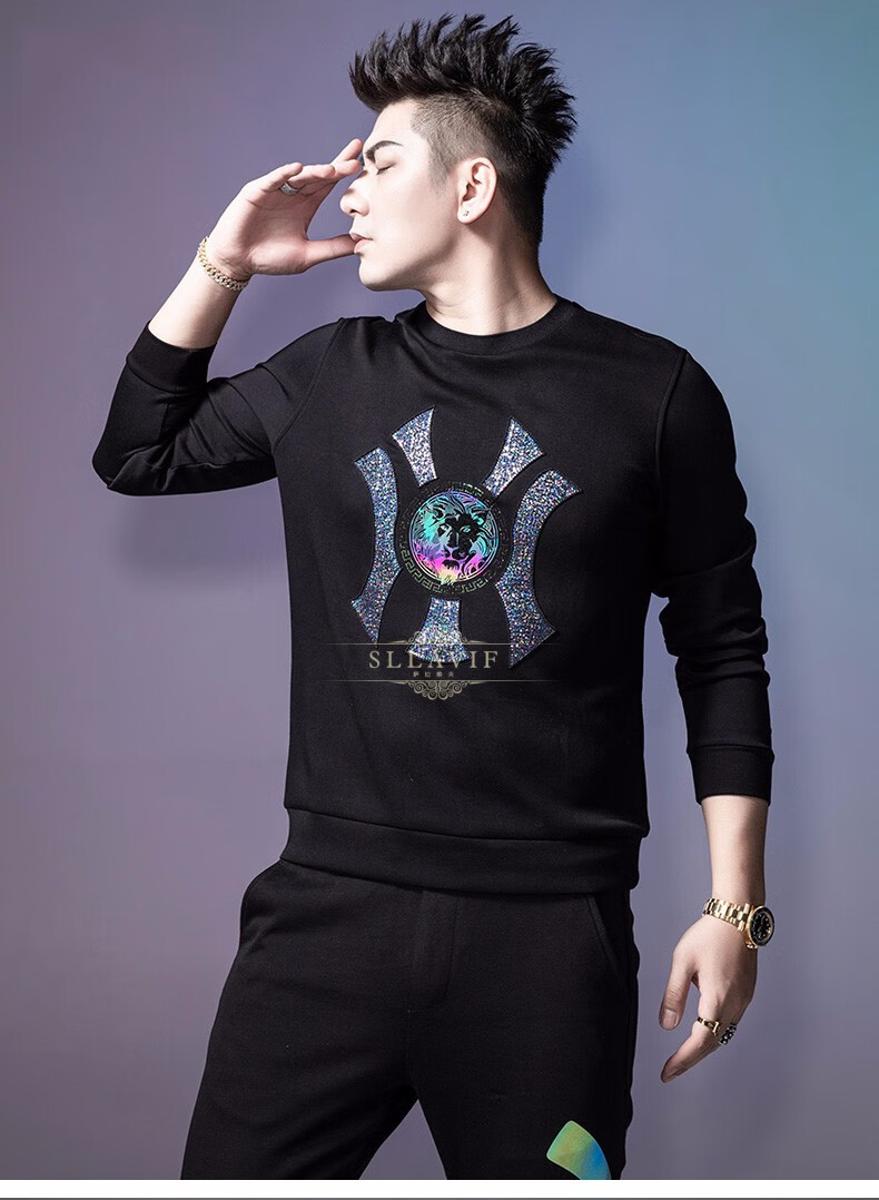 轻奢品牌男装卫衣男2020新款秋冬装上衣加厚潮流亮片刺绣潮牌外套