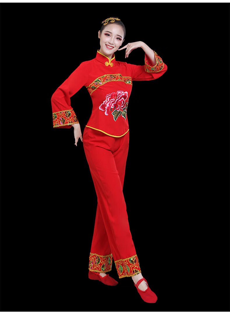 新款中老年秧歌服装演出服女广场舞套装民族舞蹈腰鼓舞扇子舞套装红色