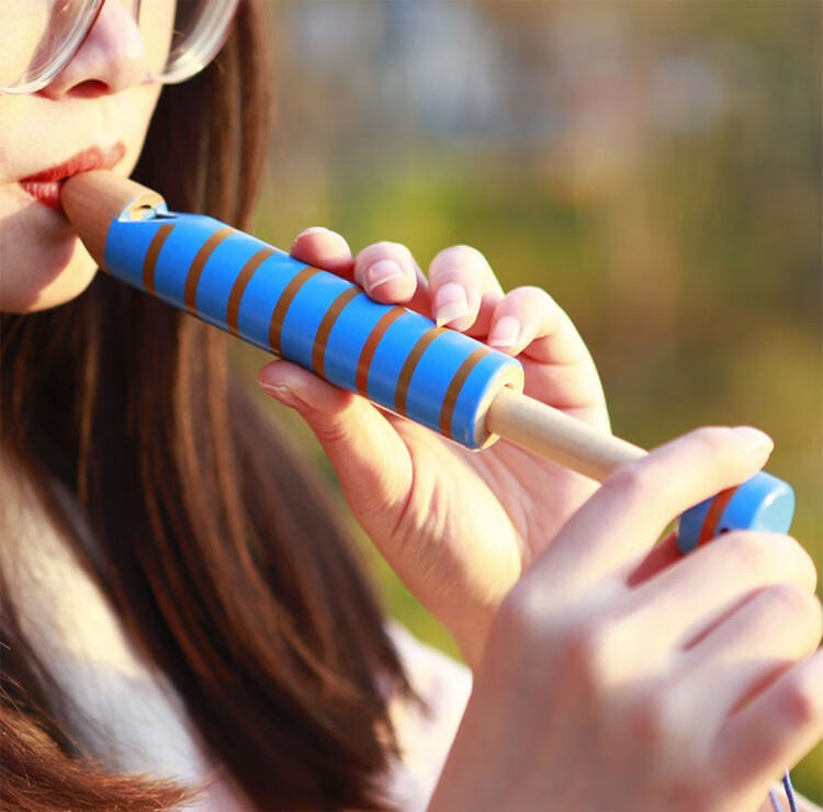 曲漾吹奏乐器木质抽拉木笛儿童音乐玩具抽拉口哨推拉木笛子原木蓝手柄