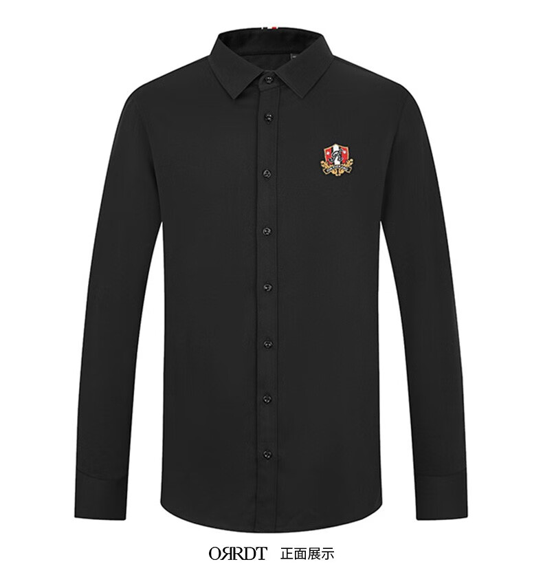 春秋新款时尚潮流品牌logo胸标刺绣长袖衬衫男士翻领修身衬衣白色50