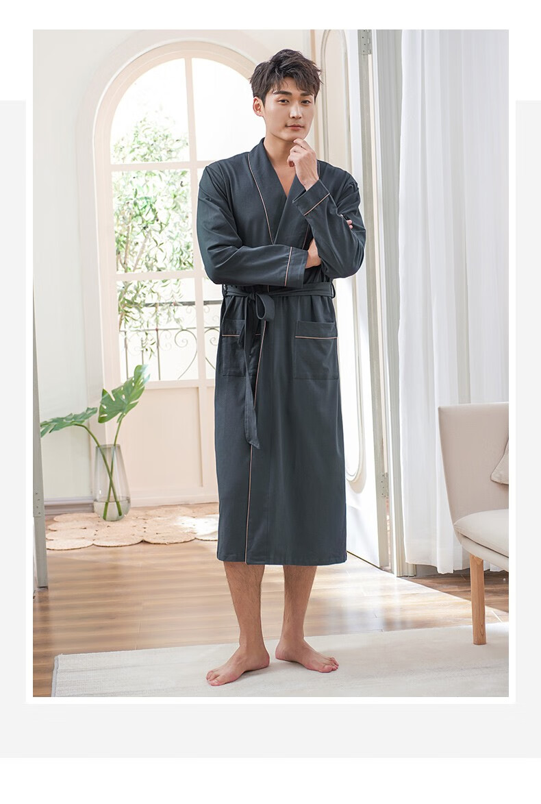 芬豚睡袍男纯棉长袖春秋冬季加大码中长款日式浴袍连体睡衣男士家居服