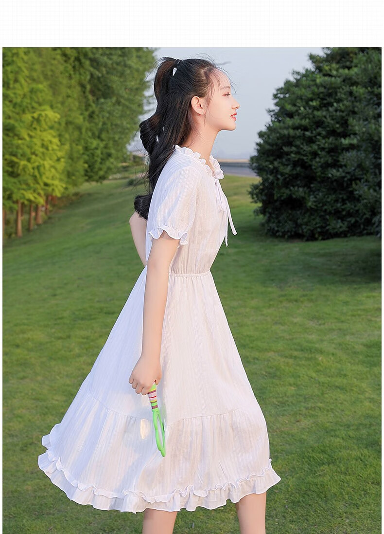 款雪纺夏天15岁13女孩碎花裙子少女高中学生长裙子过膝夏装白色裙子l