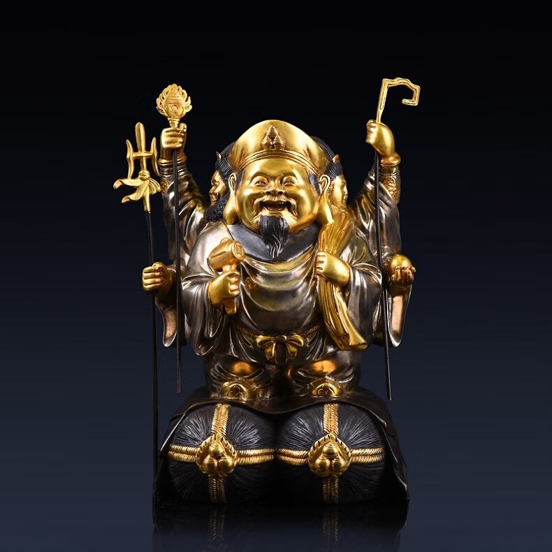 盛凡大黑天财神黄铜鎏金三面大黑天财神像八运吉祥物密宗佛像摆件