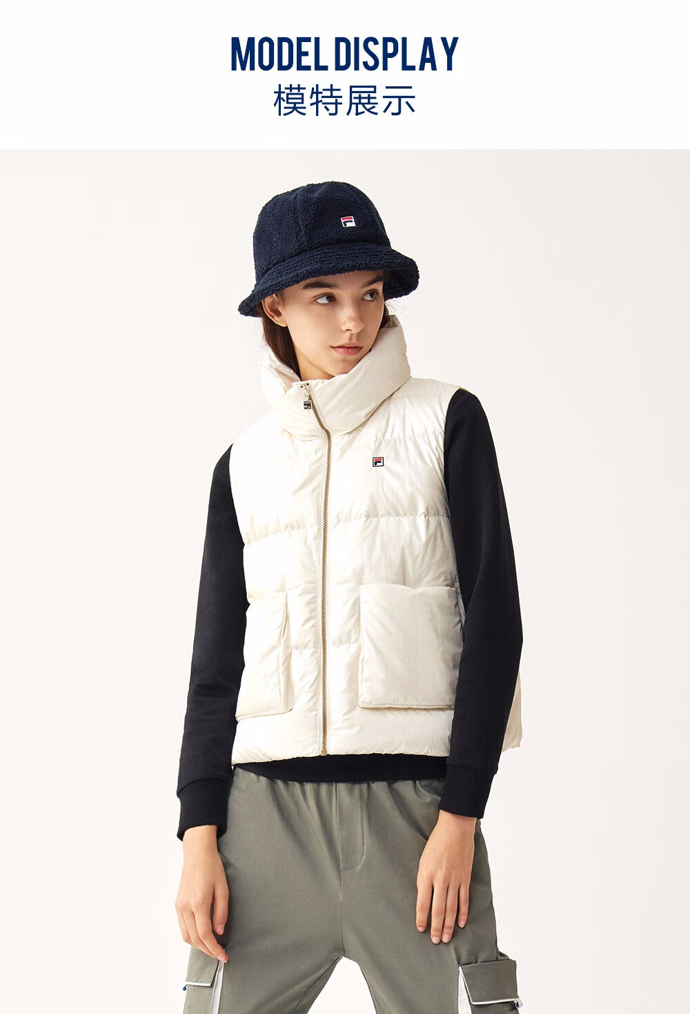 fila斐乐官方女士羽绒马甲2020冬季高圆圆同款时尚宽松保暖外套女鹭白