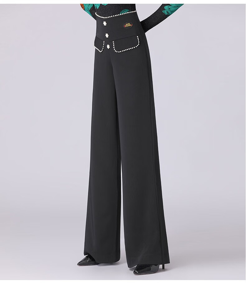 丹宝罗交谊舞裤珍珠边花边长裤黑色练习裤国标舞春秋新款黑色女裤珍珠