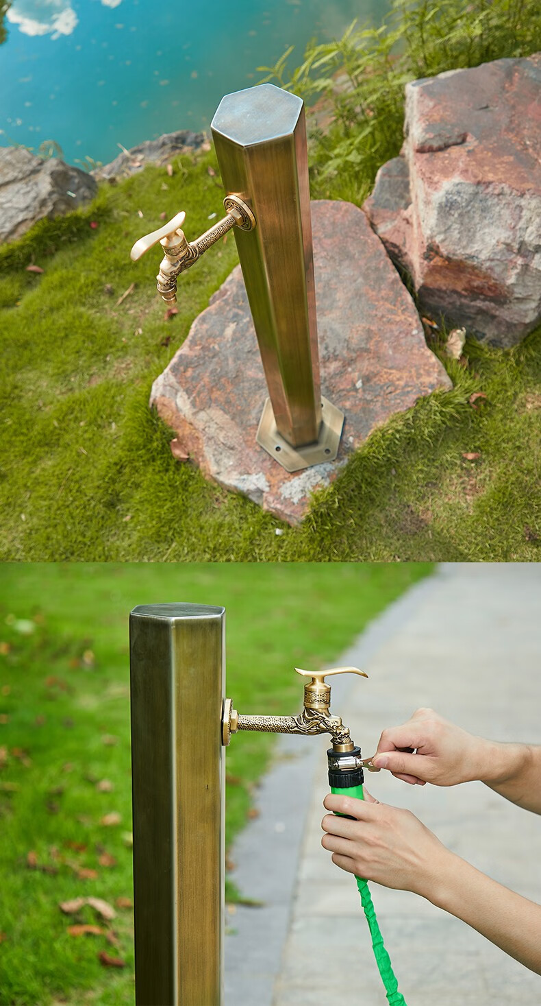 304不锈钢仿古户外水龙头多功能花园防冻立柱别墅庭院加长双龙头 d款