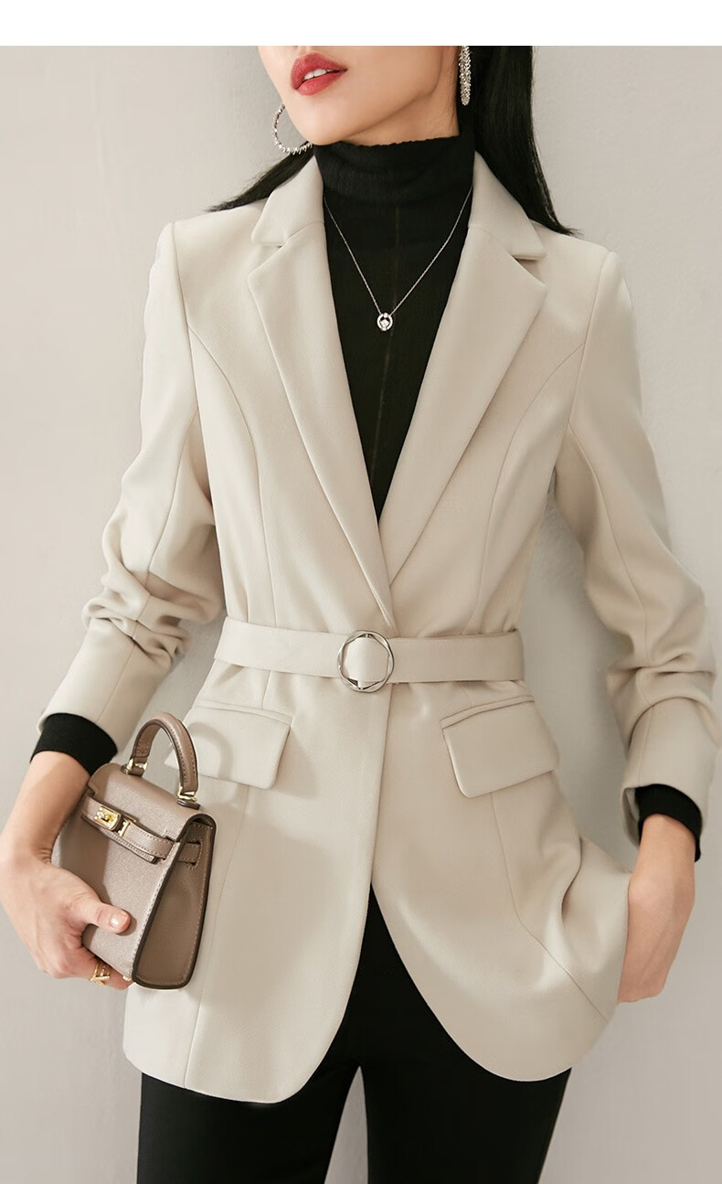 晚白2022年春款简约纯色修身显瘦系腰带中长款西服西装外套女米白色xl