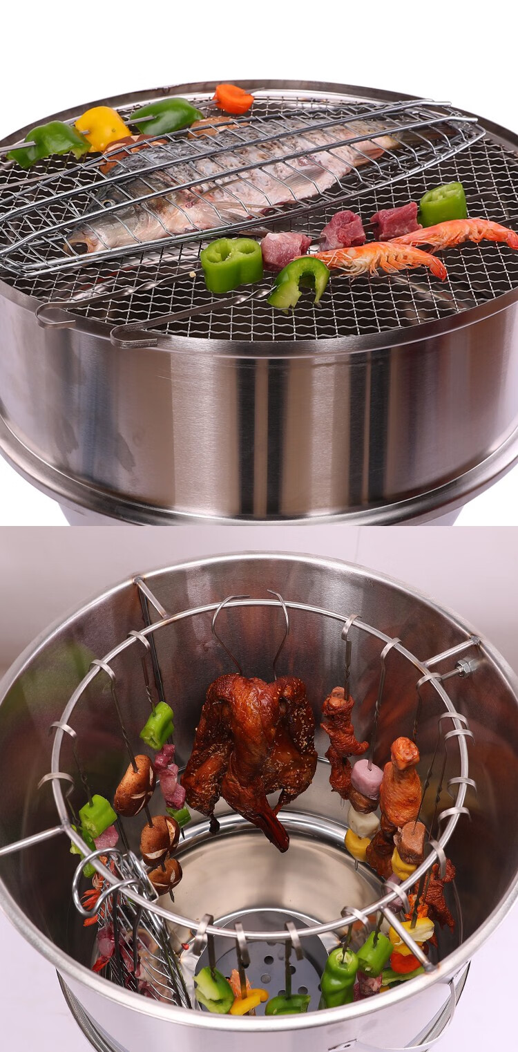 商用不锈钢吊烤炉家用加厚环保无烟烧烤桶户外木炭烤肉烤鸡吊炉升级插