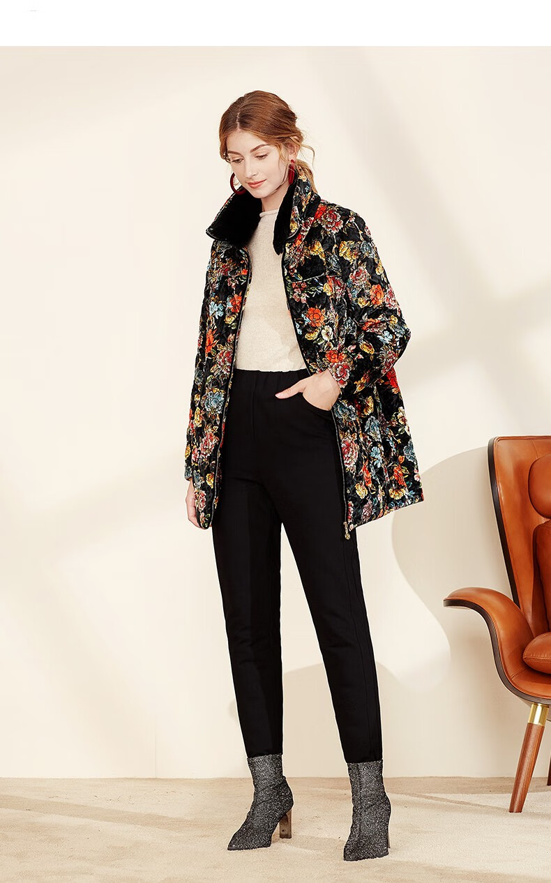 沐兰moreline秋冬奢华金钻冰花暗纹丝绒棉衣棉服1784001克桔花48xxxxl