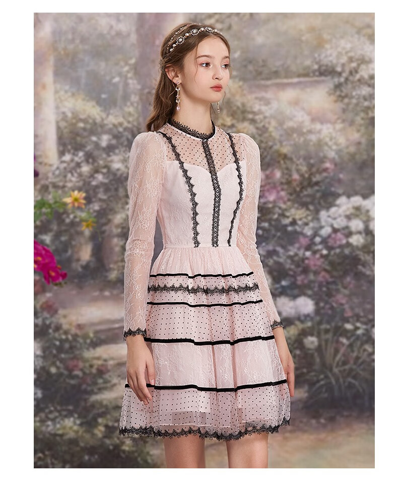 花儿开了春秋新款蕾丝网纱波点优雅连衣裙女高腰甜美公主裙子 黑撞粉