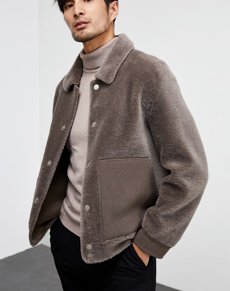 sinbos冬季羊剪绒外套男新款翻领颗粒羊毛大衣短款男士皮毛一体潮浅