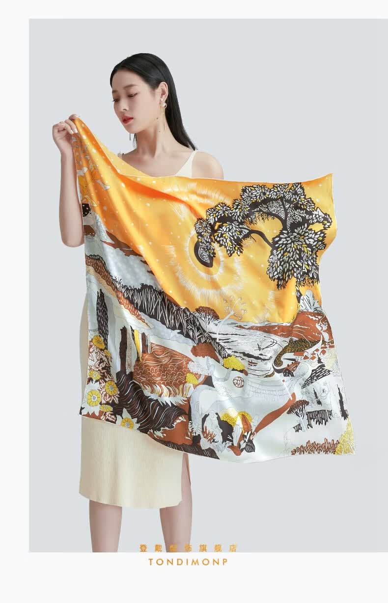 登戴品牌真丝丝巾女春夏时尚中国风印花桑蚕丝围巾优雅百搭丝绸方巾