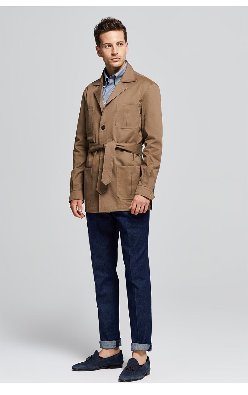 bycreations柏品男士系带修身休闲猎装夹克简约纯色中长款夹克外套男