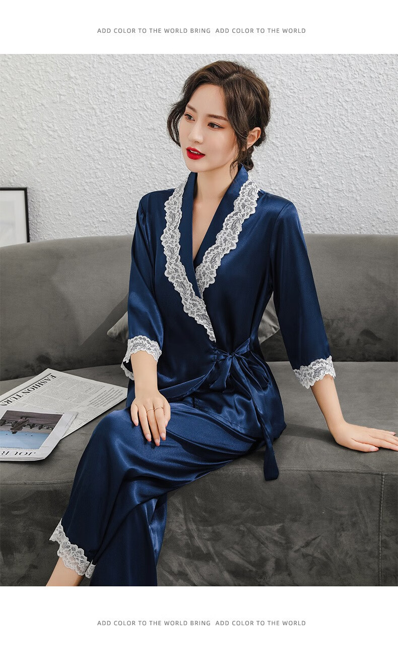 上海故事仿真丝睡衣女夏季花边短袖家居服女士两件套装藏蓝l