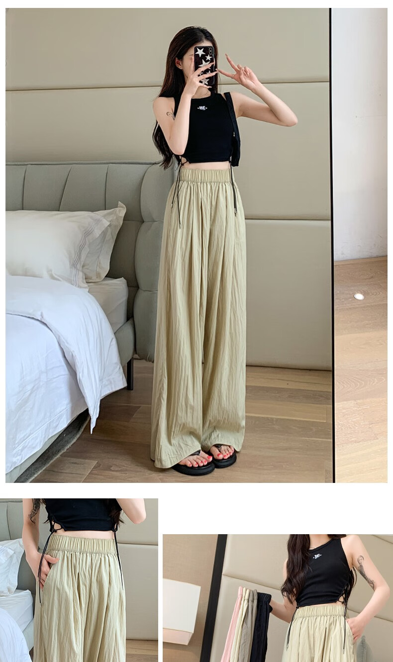 LangSha Ice Silk Wide-Leg Pants for Women, Summer High-Waisted Draping Straight Cotton Linen Casual Trousers, Japanese-Style Yamamoto Pants, Women's Lazy Style 17