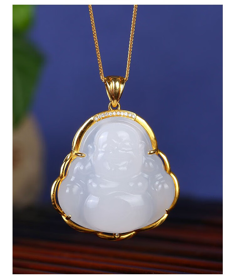 马艺涵和田玉佛吊坠女士羊脂白玉弥勒佛吊坠镶嵌18k金女款金镶玉项链