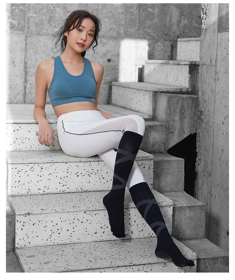 meikan美看女士瑜伽袜高筒防滑绑带舞蹈地板袜普拉提五指袜深灰色深