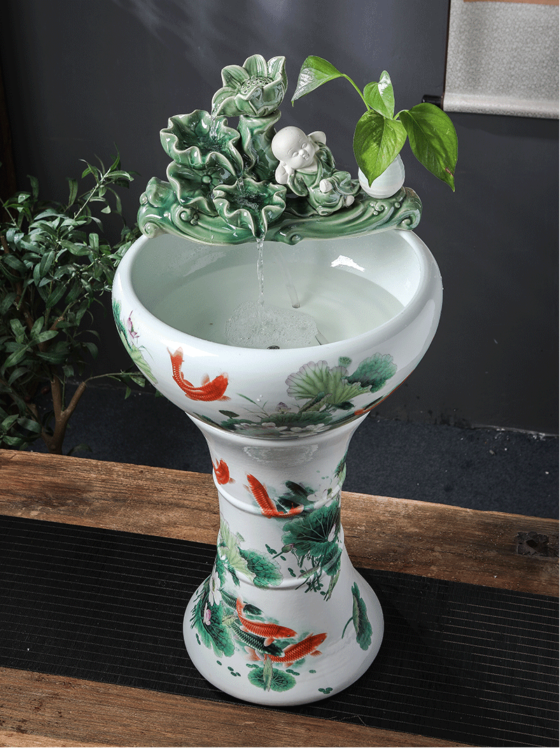 乾图公坊景德镇陶瓷过滤器金鱼缸缸家用客厅落地立柱式养鱼盆自动循环