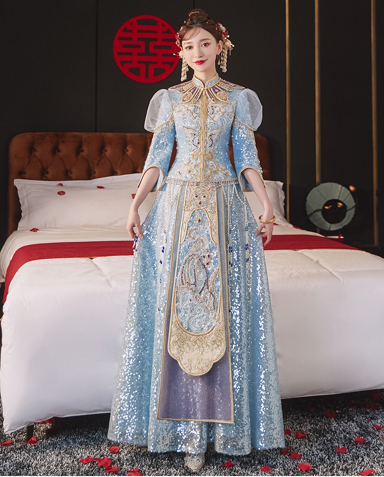 龙曼尼仕冰蓝色秀禾服新娘2022新款结婚礼服女婚纱中式龙凤褂显年轻款
