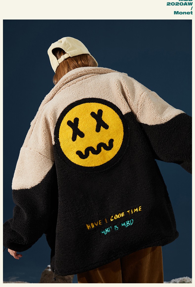 国潮专营mbdlikebeaster小恶魔冬季羊羔绒外套男女同款潮牌笑脸加绒
