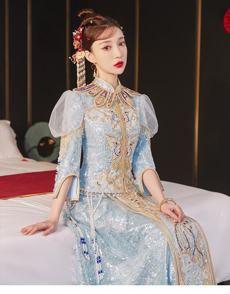 龙曼尼仕冰蓝色秀禾服新娘2022新款结婚礼服女婚纱中式龙凤褂显年轻款