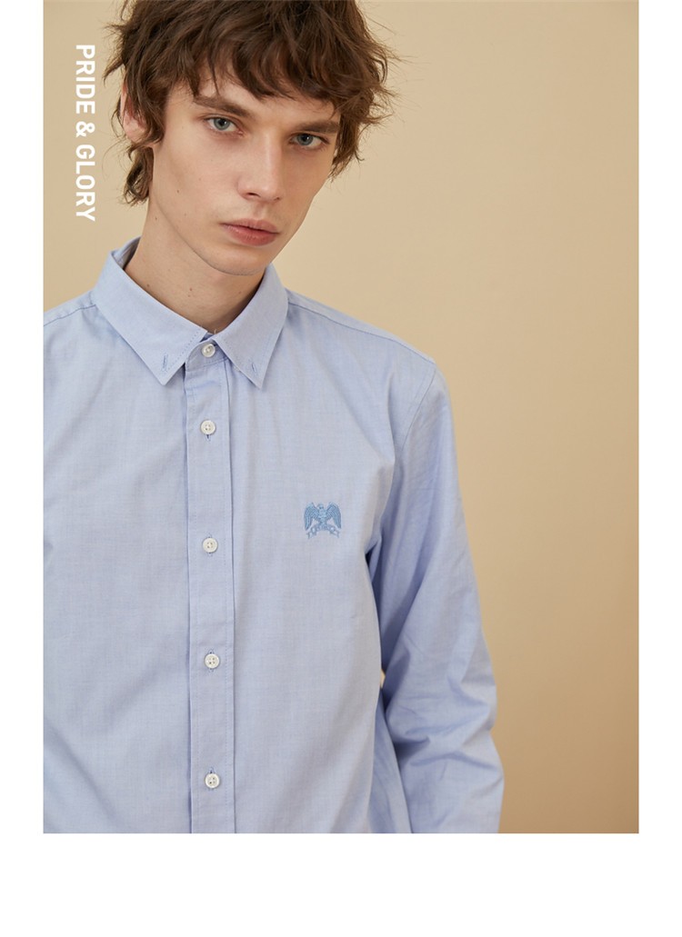 plory男士衬衣春季新款纯色刺绣简约舒适基础款长袖衬衫男蓝色175