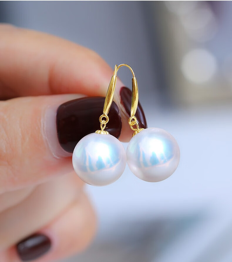 黛米珠宝千忆1112mm正圆形白色淡水珍珠耳钉18k金耳环耳坠女1112mm