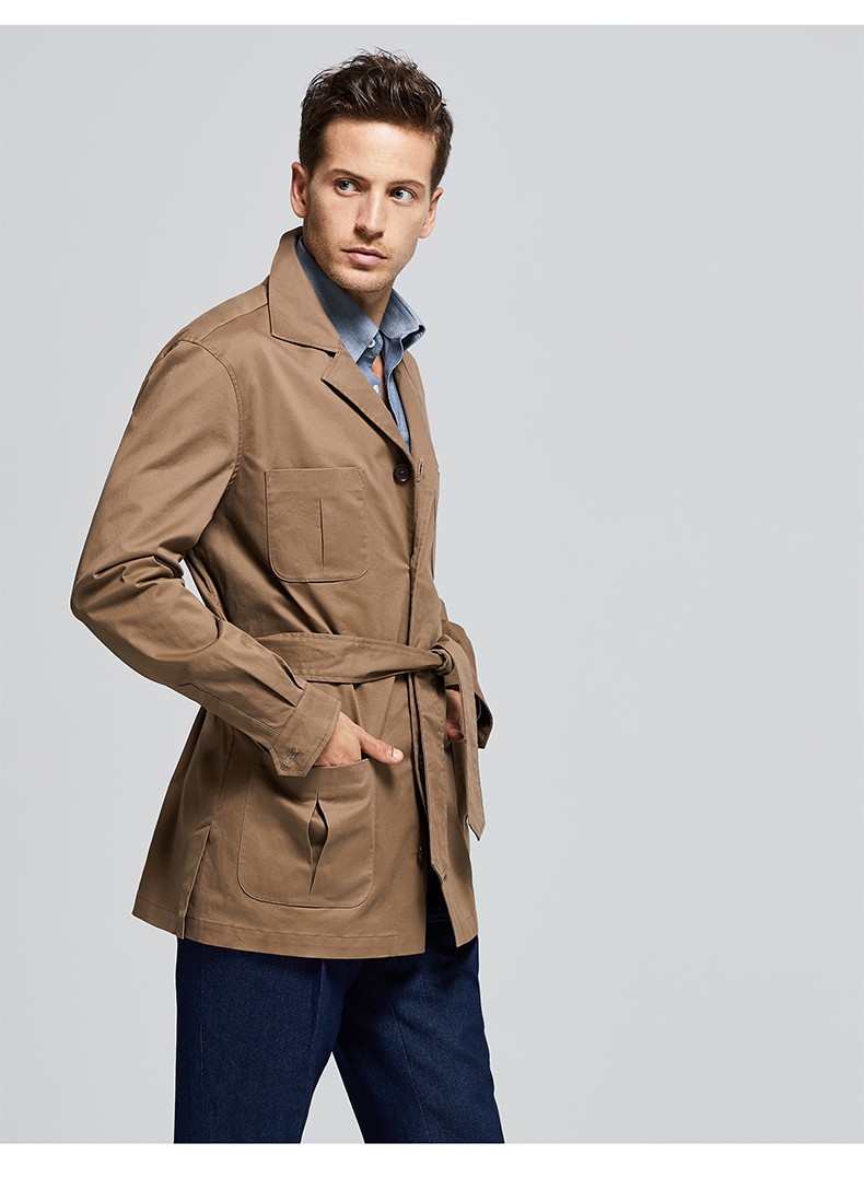 bycreations柏品男士系带修身休闲猎装夹克简约纯色中长款夹克外套男