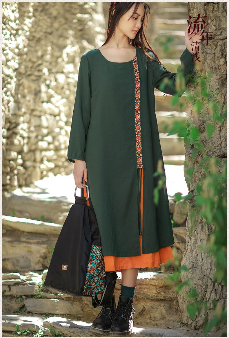 樱花烟雨民族风棉麻刺绣连衣长裙女宽松春装新品原创棉麻女装复古