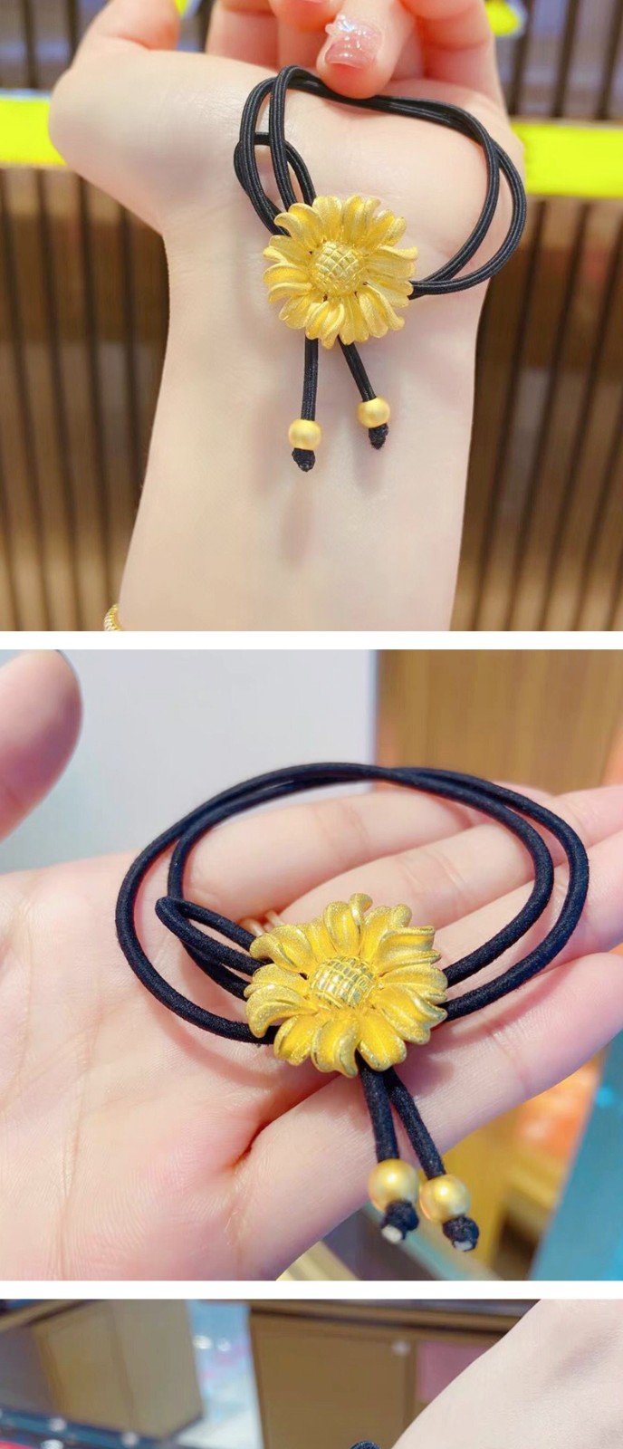丝莱足金999向日葵头绳黄金太阳花手绳3d硬金转运珠扎发马尾头饰送