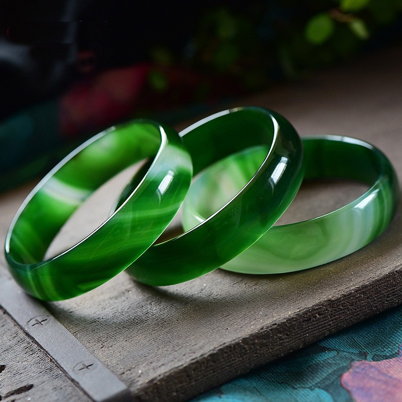 天然墨绿玛瑙手镯 绿玉髓手镯 深绿宽镯女饰品 64mm