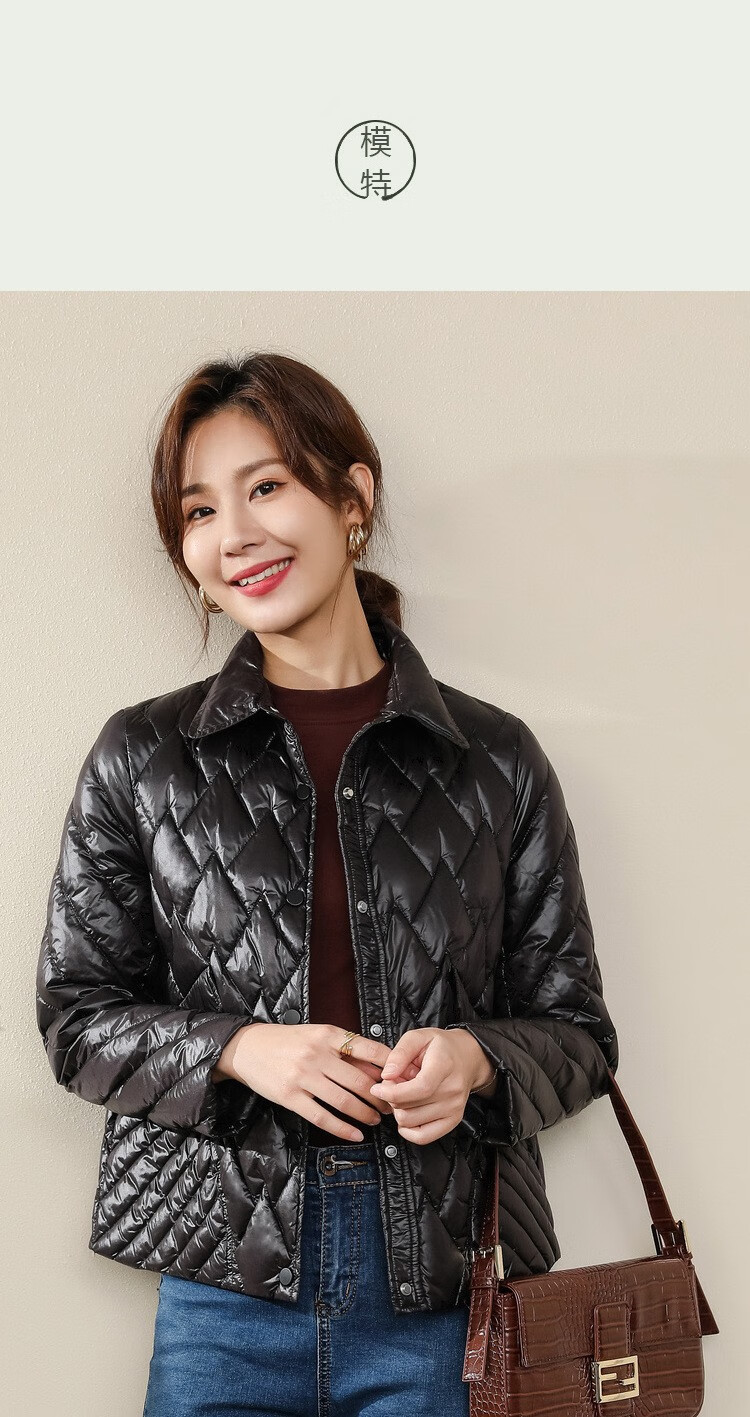 奥瑟卡(aoseka)轻奢品牌2020冬季时尚短款轻薄羽绒服女新款黑色亮面