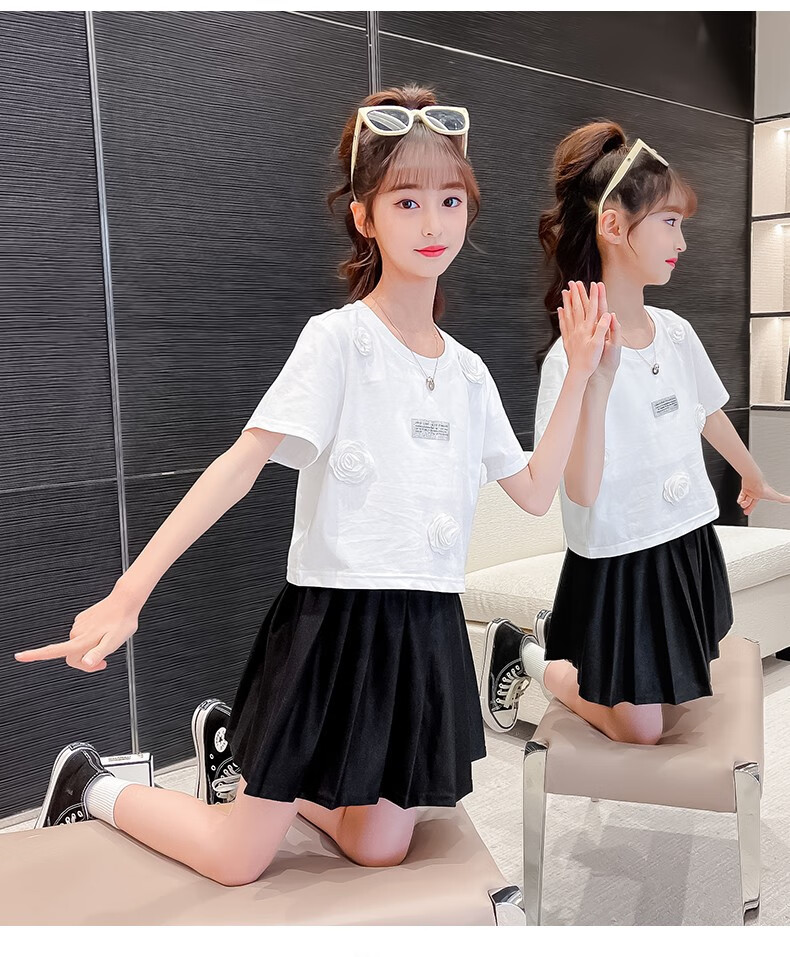浣莎童装女童套装儿童夏装花朵短袖t恤jk裙两件套414岁小女孩中大童