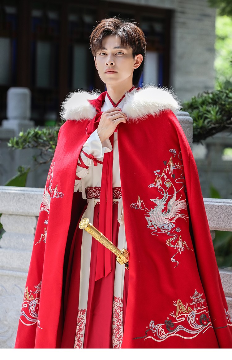 汉服男斗篷披风黑色仙鹤冬季重工刺绣加厚毛呢长款大摆古风情侣外套