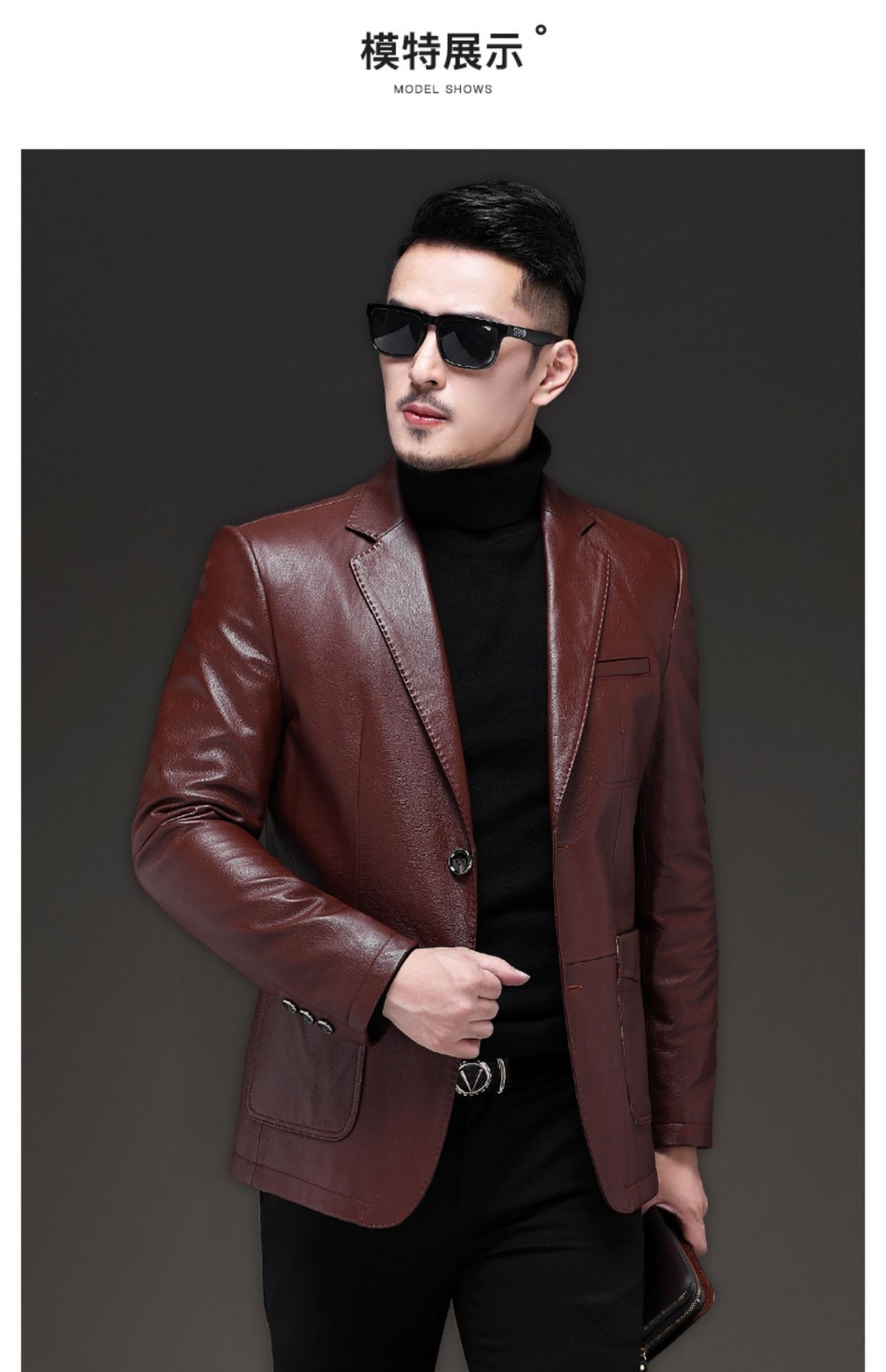 层牛皮真皮皮衣男2022春秋新款男士修身皮西装商务西服外套男红棕色l
