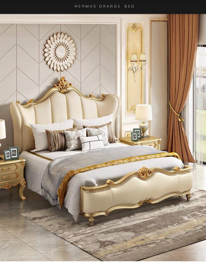 8米 主卧真皮奢华大床法式宫廷公主床简欧婚床 欧式床 2个床头柜 1800