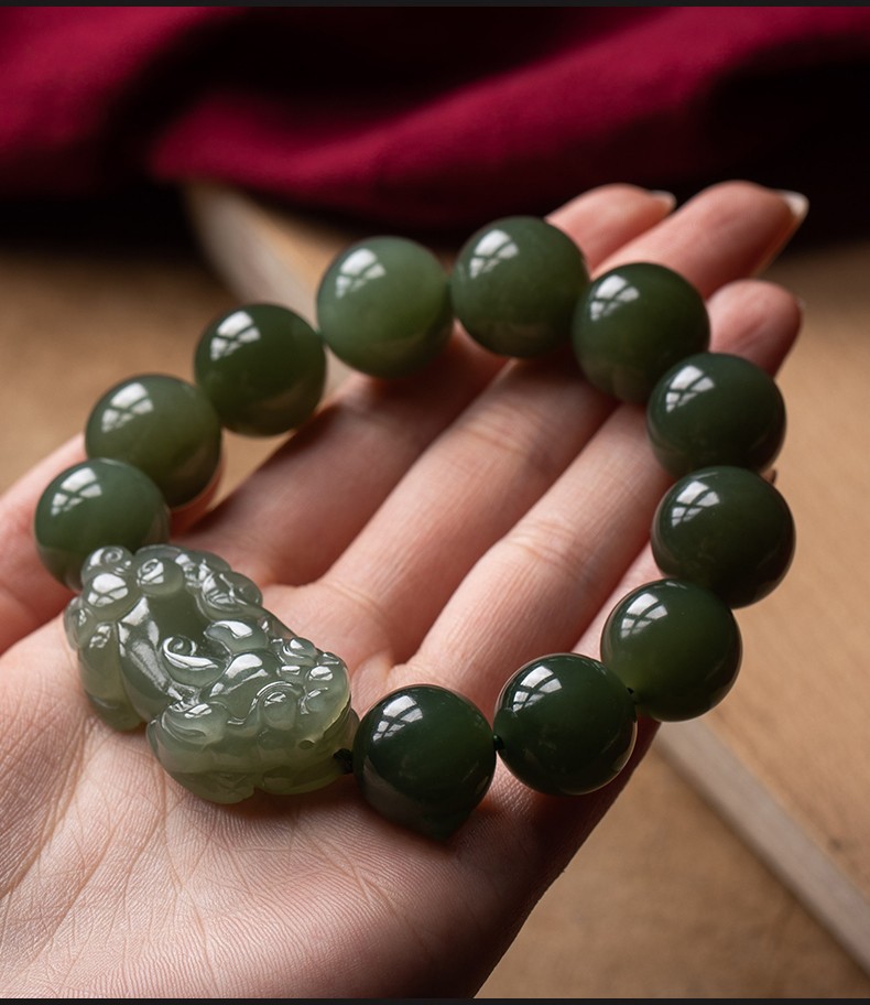 玉等我和田玉貔貅手串男女款手链玉石佛珠高档饰品礼物青玉石珠径16mm