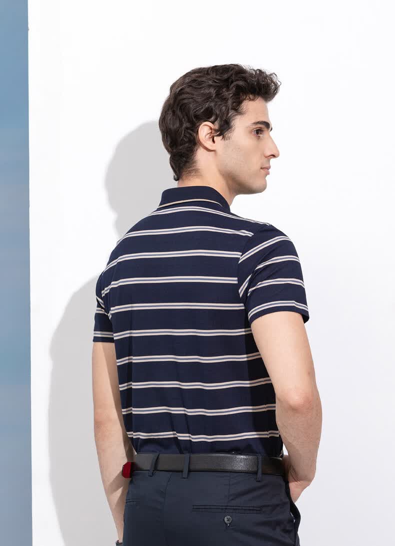 浪登男装短袖t恤含桑蚕丝商务休闲翻领短t男士时尚条纹打底衫浅蓝色l