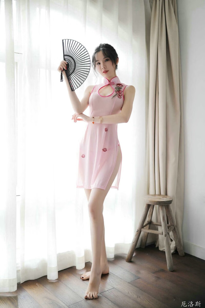 刺绣玫瑰旗袍透视cosplay表演古装连衣裙中裙高开叉红色均码不含袜