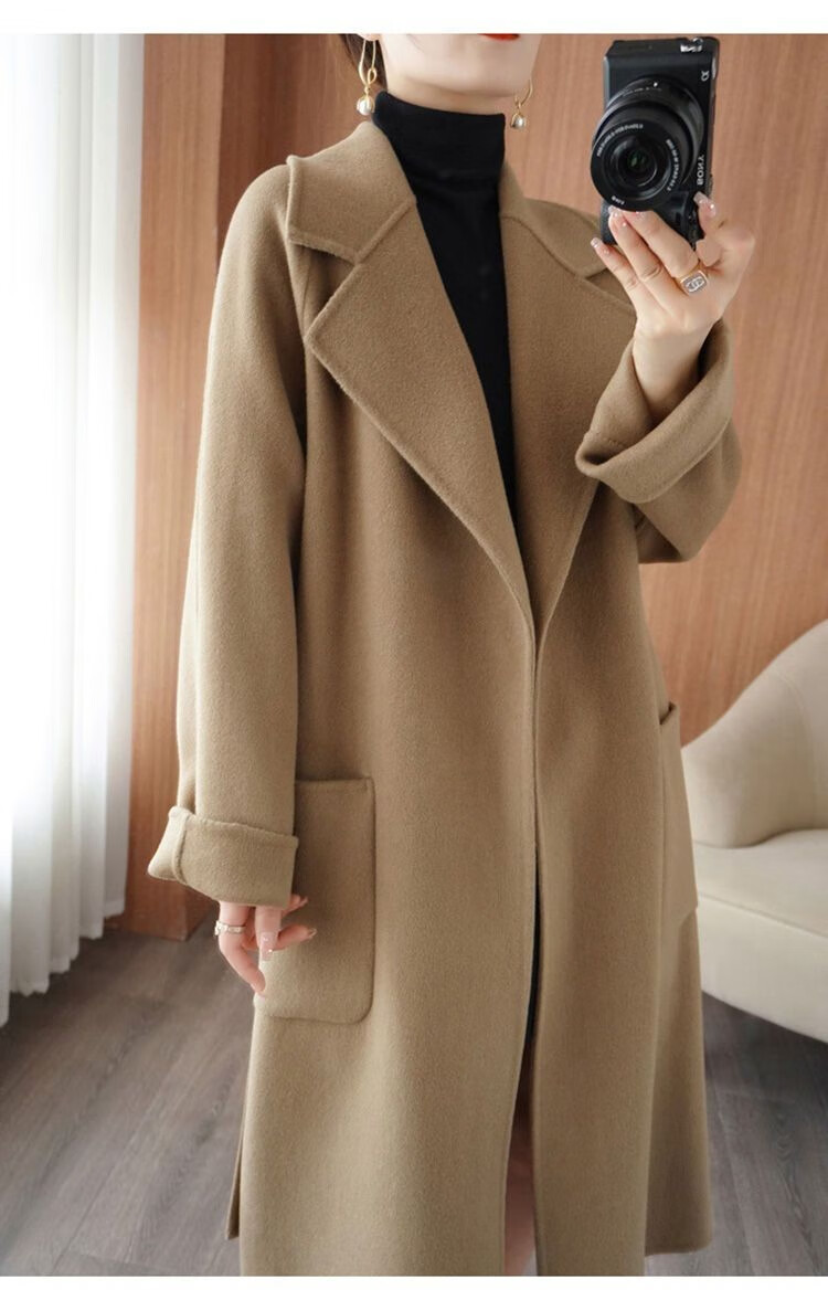 潮牌 2022秋冬新款双面羊绒大衣女中长款高端宽松加厚毛呢外套 灰咖色