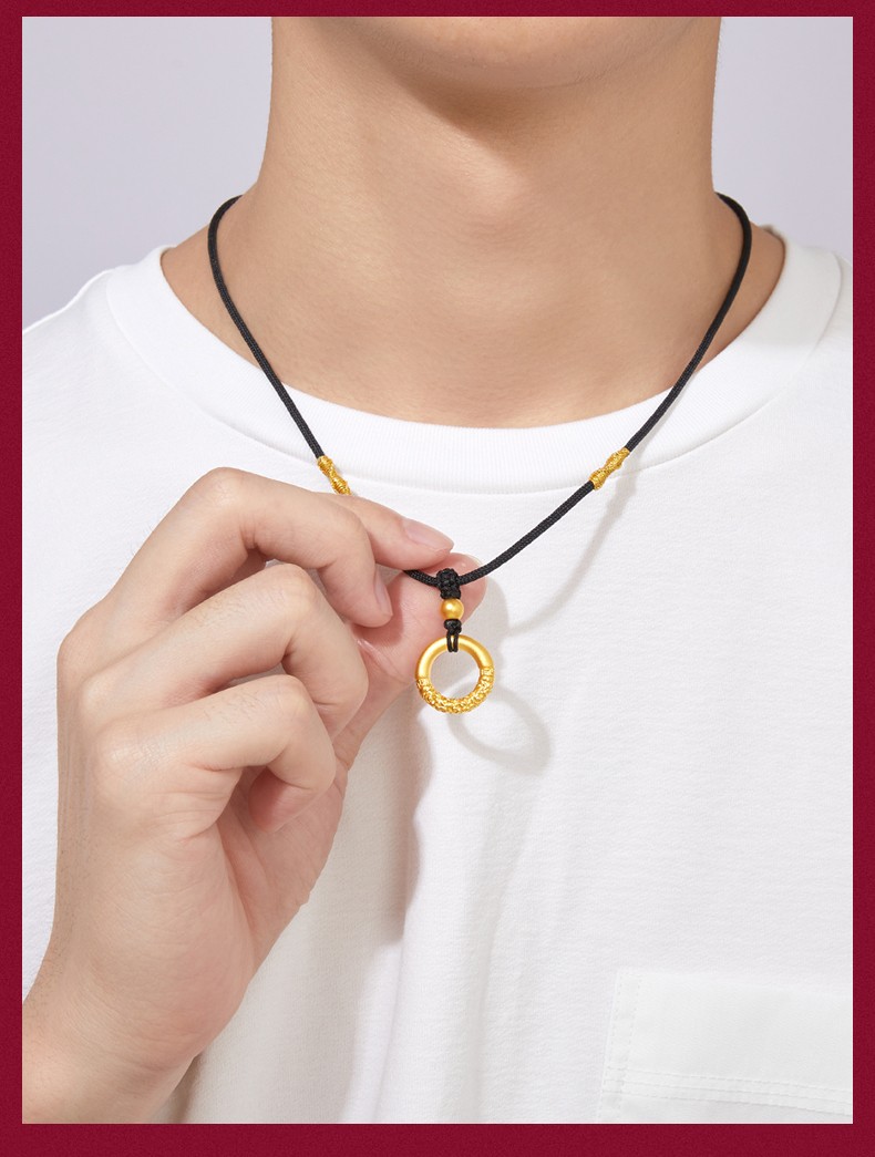 老凤祥款式 999足金如意金箍圈吊坠男士绳子编绳项链金平安扣挂坠转运