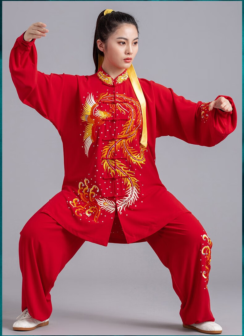言一太极服刺绣凤亮片太极拳春秋比赛表演服装高弹麻太极拳男女大红色