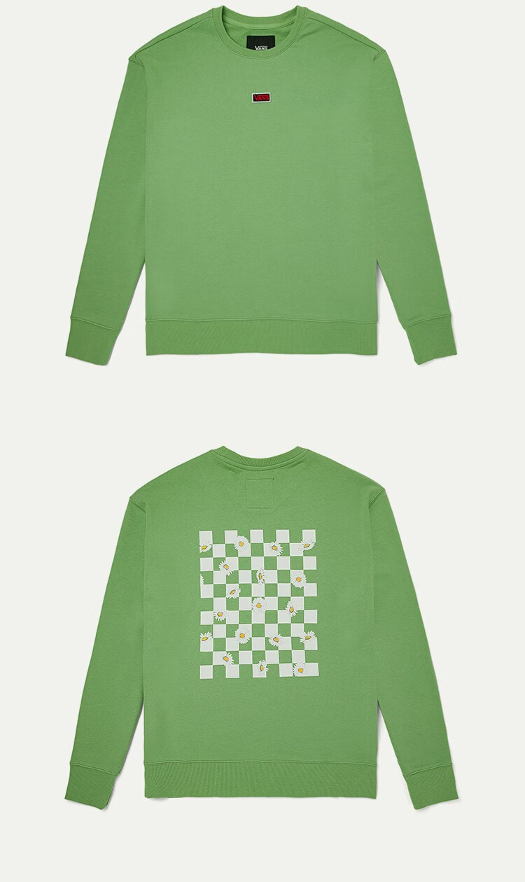 vans范斯官方 牛油果绿棋盘格小雏菊男女情侣套头卫衣宽松休闲 牛油果