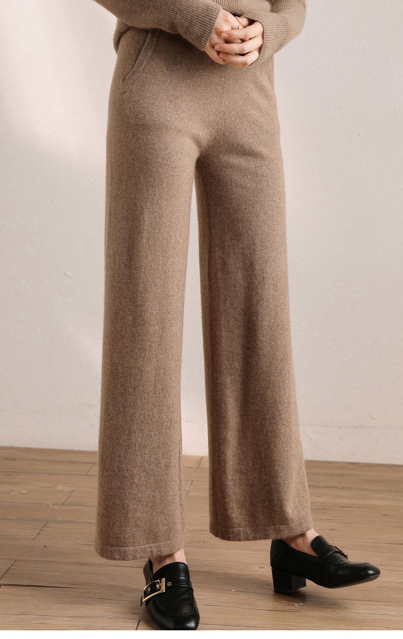 羊绒阔腿裤女士100%纯羊绒休闲裤高腰针织裤纯色羊绒裤jd126r100 驼色