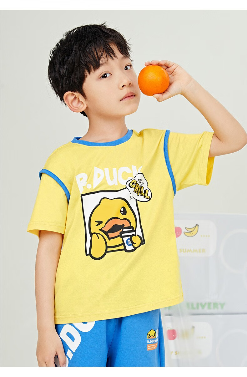 bduck小黄鸭童装男童t恤短袖纯棉2022新款儿童夏装上衣男孩半袖潮白色