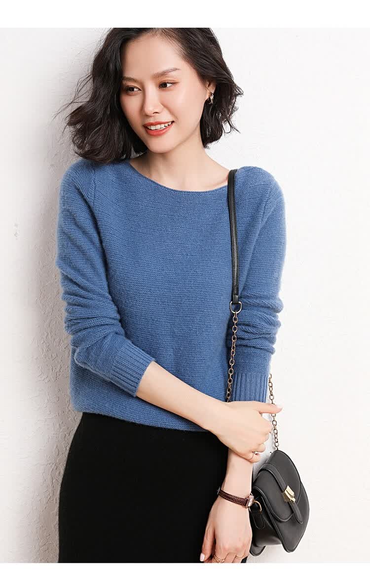 数玖 新款羊绒衫圆领宽松气质女神纯色打底衫毛衣外套女 雾霾蓝 xl