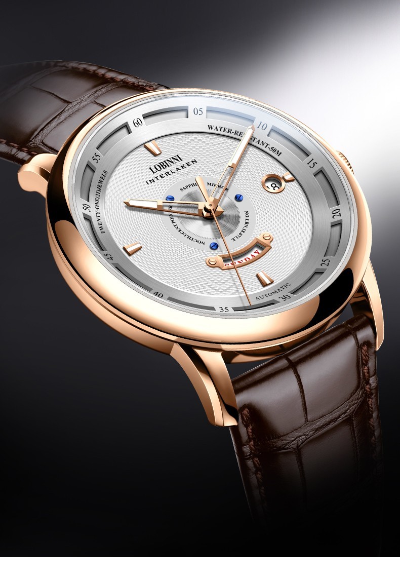 罗宾尼lobinni男士手表全自动机械表男镂空夜光双历防水瑞士风格男式